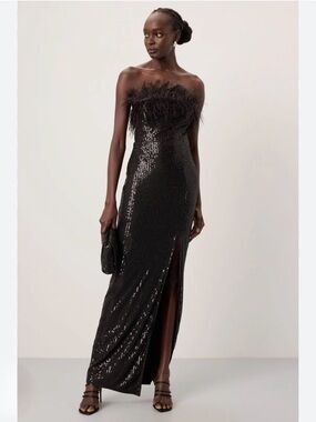 Elle Zeitoune Slone Sequin Feather Maxi Gown Dress